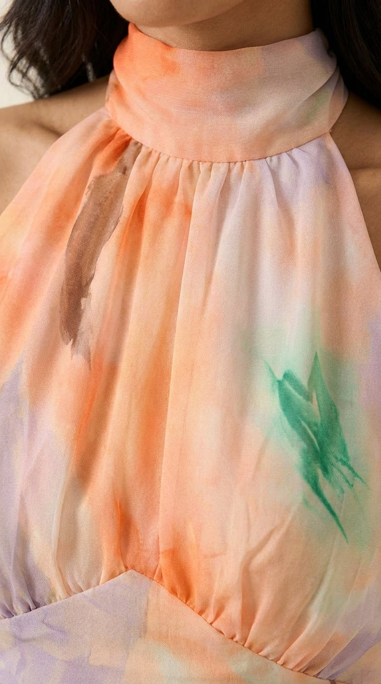Vestido Serena – Largo Floral Acuarela con Cuello Halter