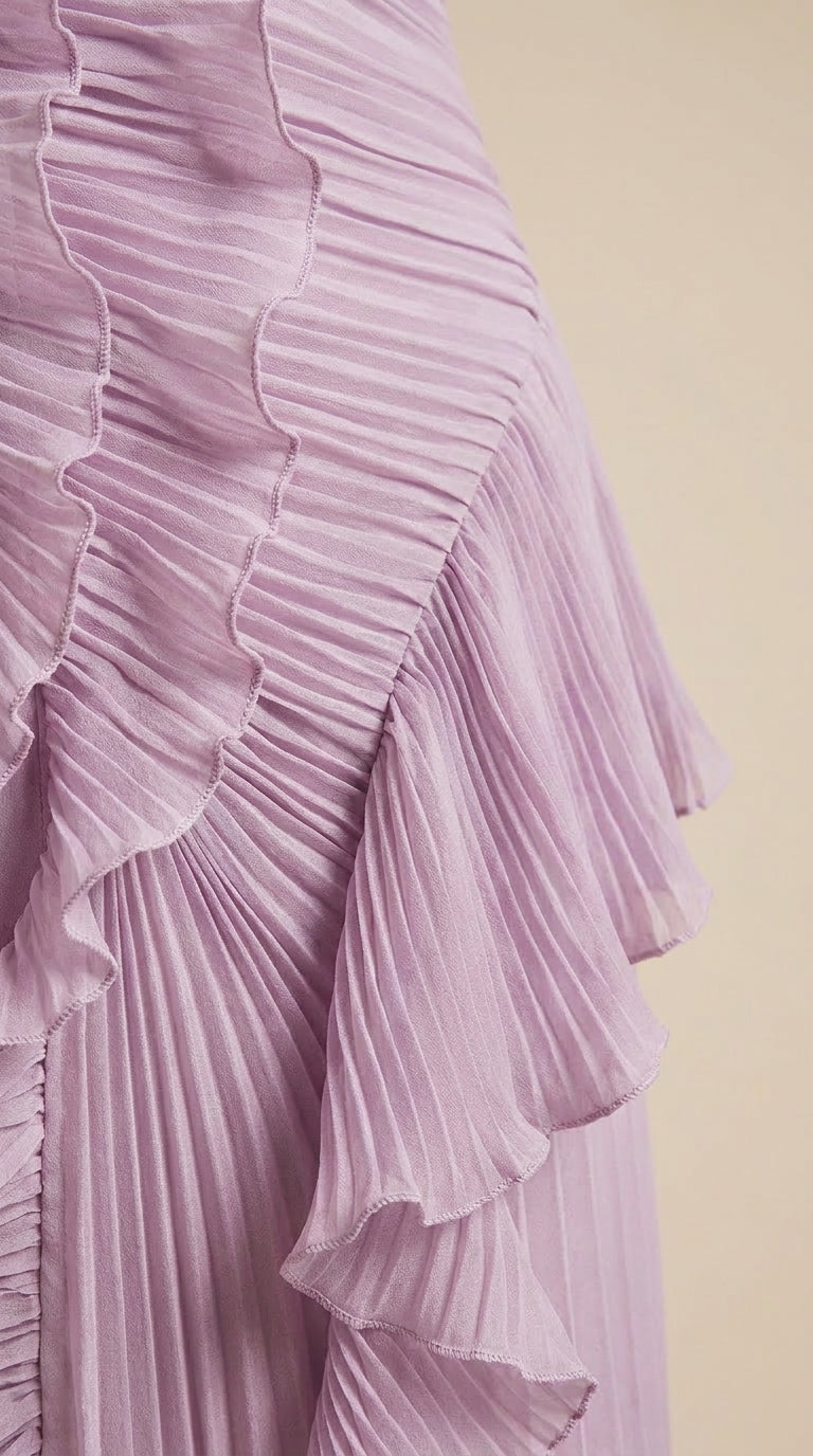Vestido Largo Aurora – Elegante Halter Lavanda con Volantes