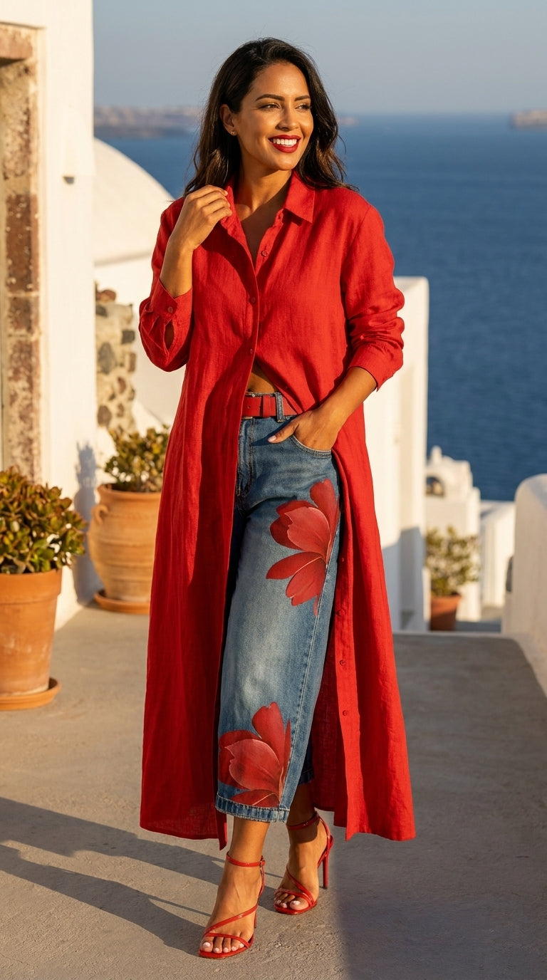 Conjunto Escarlata – Camisero Largo Rojo + Jeans Arte Floral