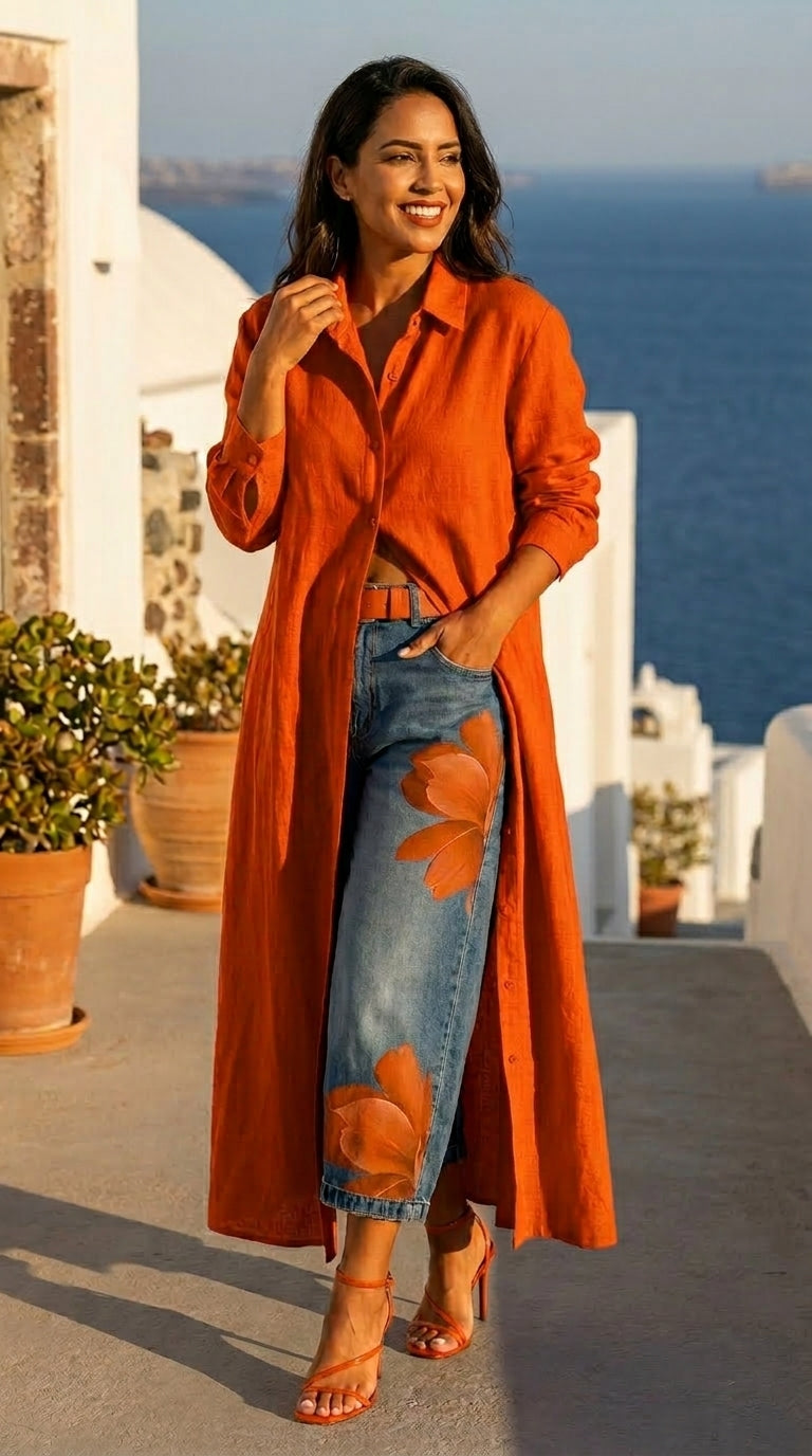 Conjunto Escarlata – Camisero Largo Rojo + Jeans Arte Floral