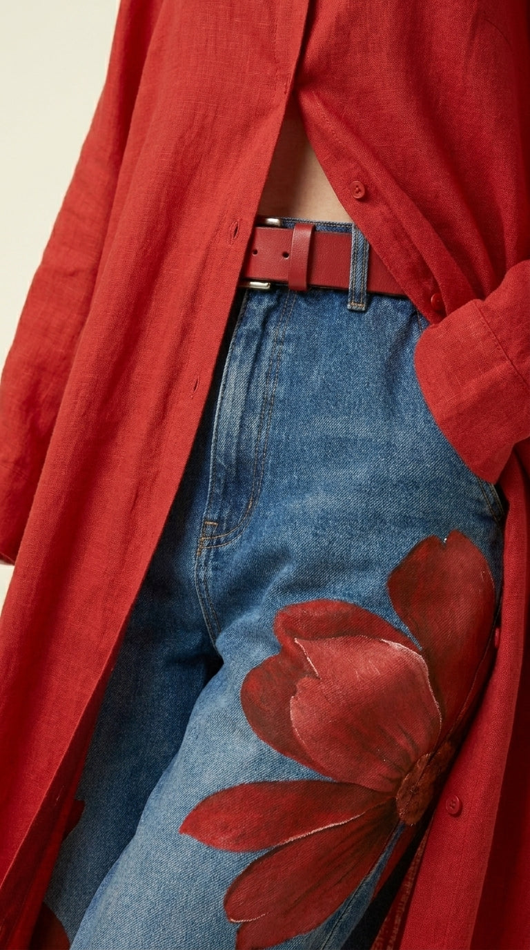 Conjunto Escarlata – Camisero Largo Rojo + Jeans Arte Floral