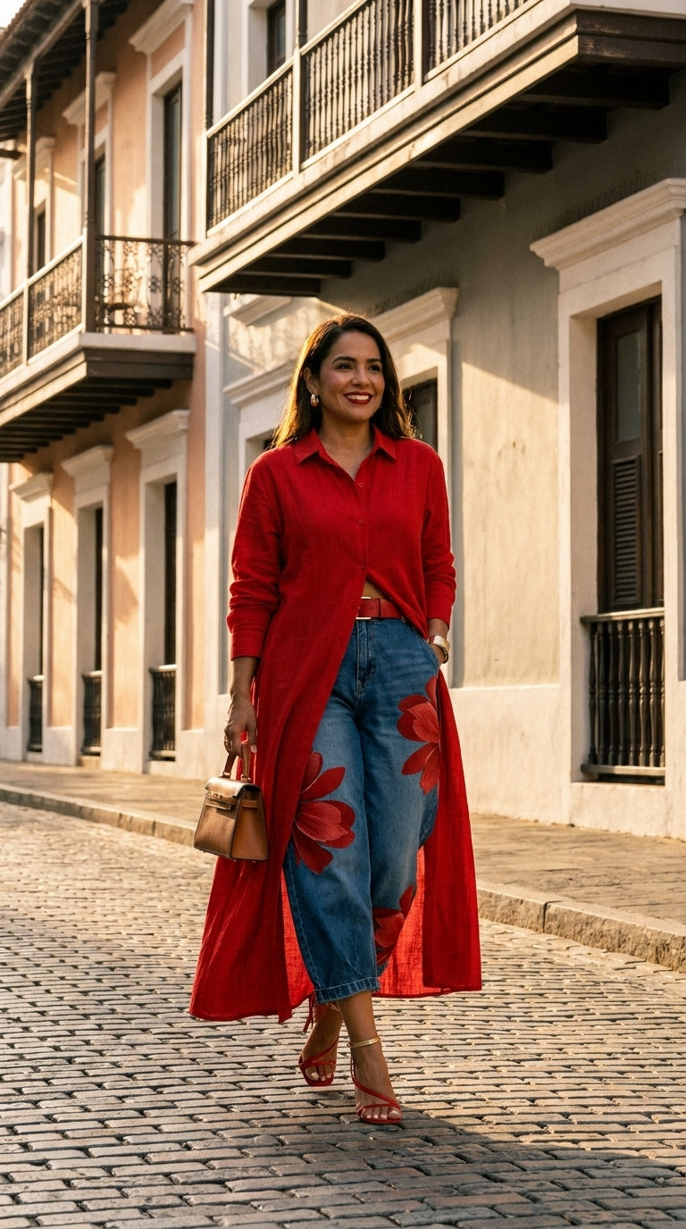 Conjunto Escarlata – Camisero Largo Rojo + Jeans Arte Floral