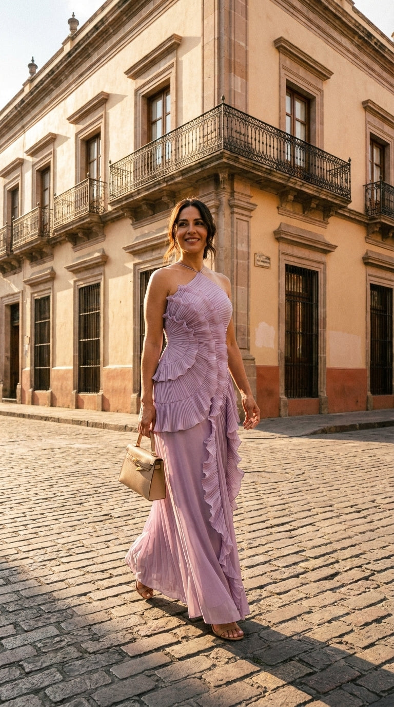 Vestido Largo Aurora – Elegante Halter Lavanda con Volantes