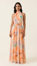 Vestido Serena – Largo Floral Acuarela con Cuello Halter