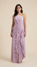 Vestido Largo Aurora – Elegante Halter Lavanda con Volantes