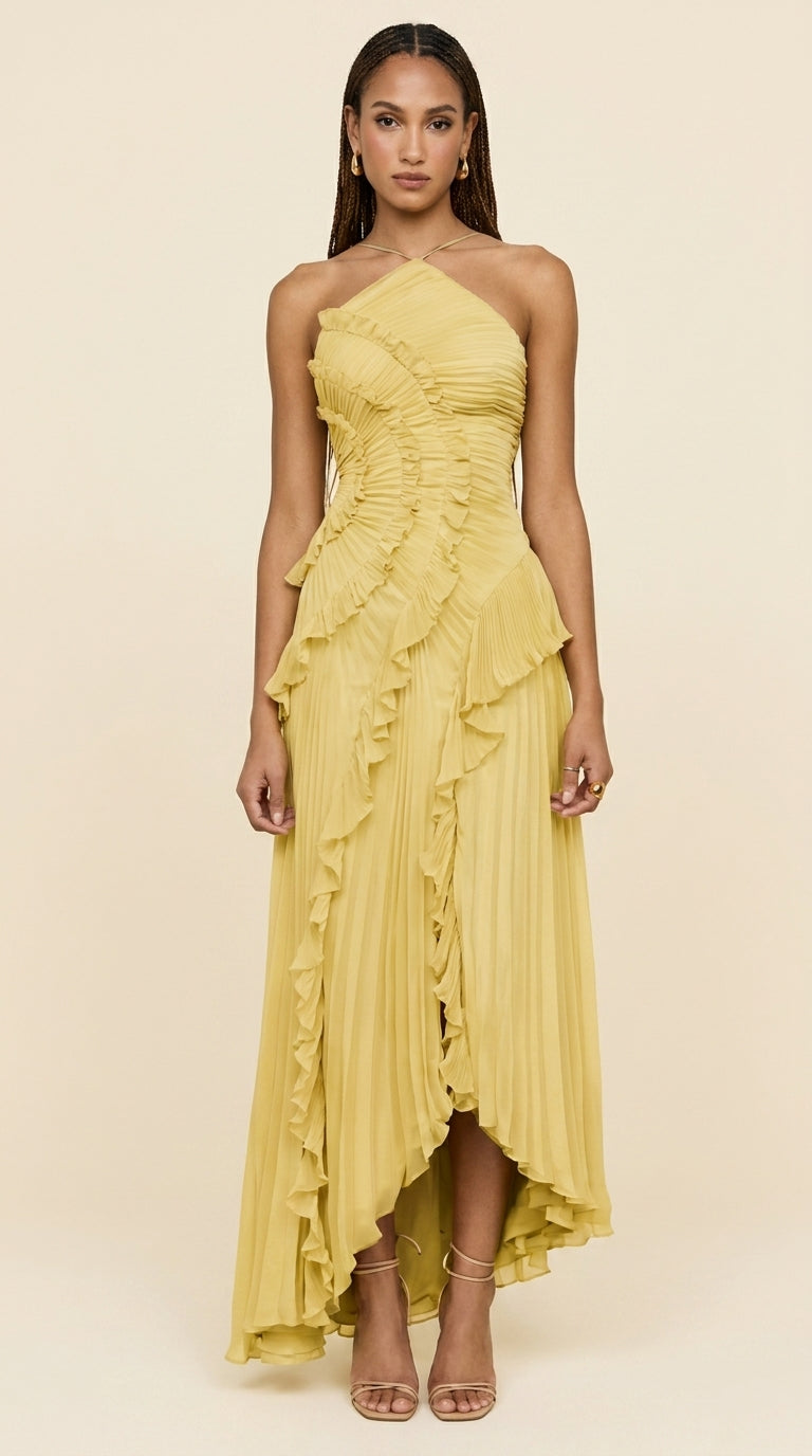 Vestido Largo Aurora – Elegante Halter Lavanda con Volantes
