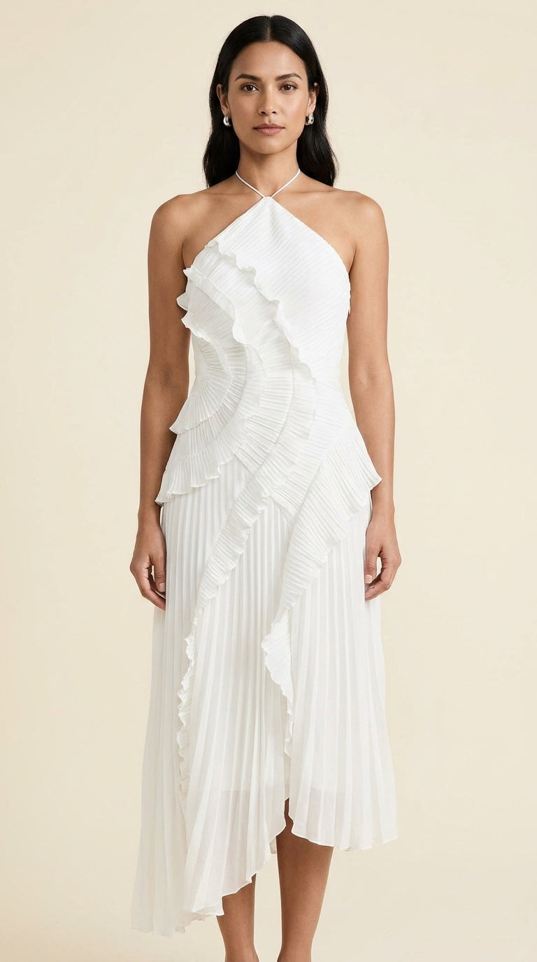 Vestido Largo Aurora – Elegante Halter Lavanda con Volantes