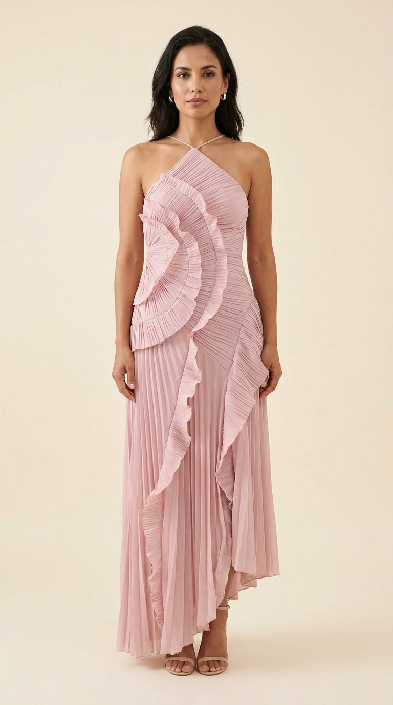 Vestido Largo Aurora – Elegante Halter Lavanda con Volantes