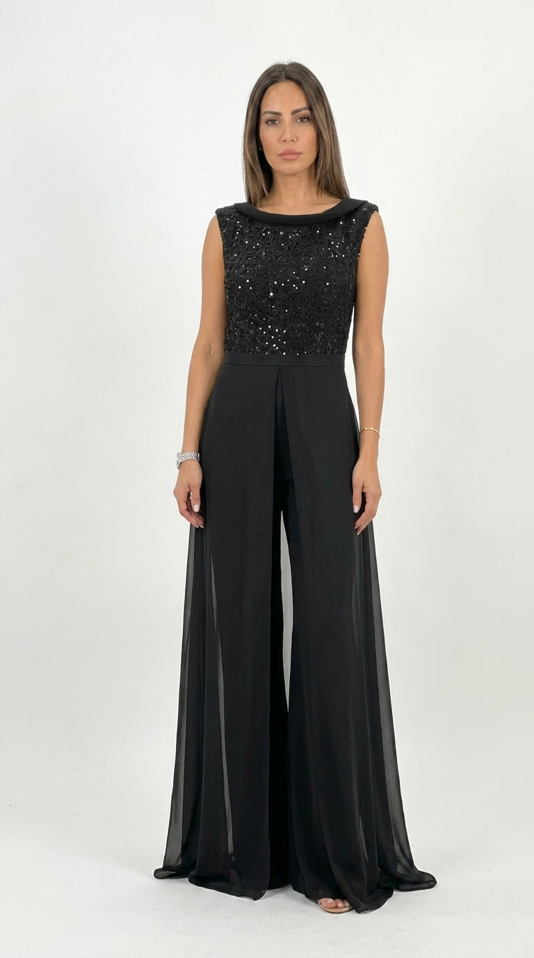Mono Elegante con Capa de Gasa y Top de Lentejuelas Negro