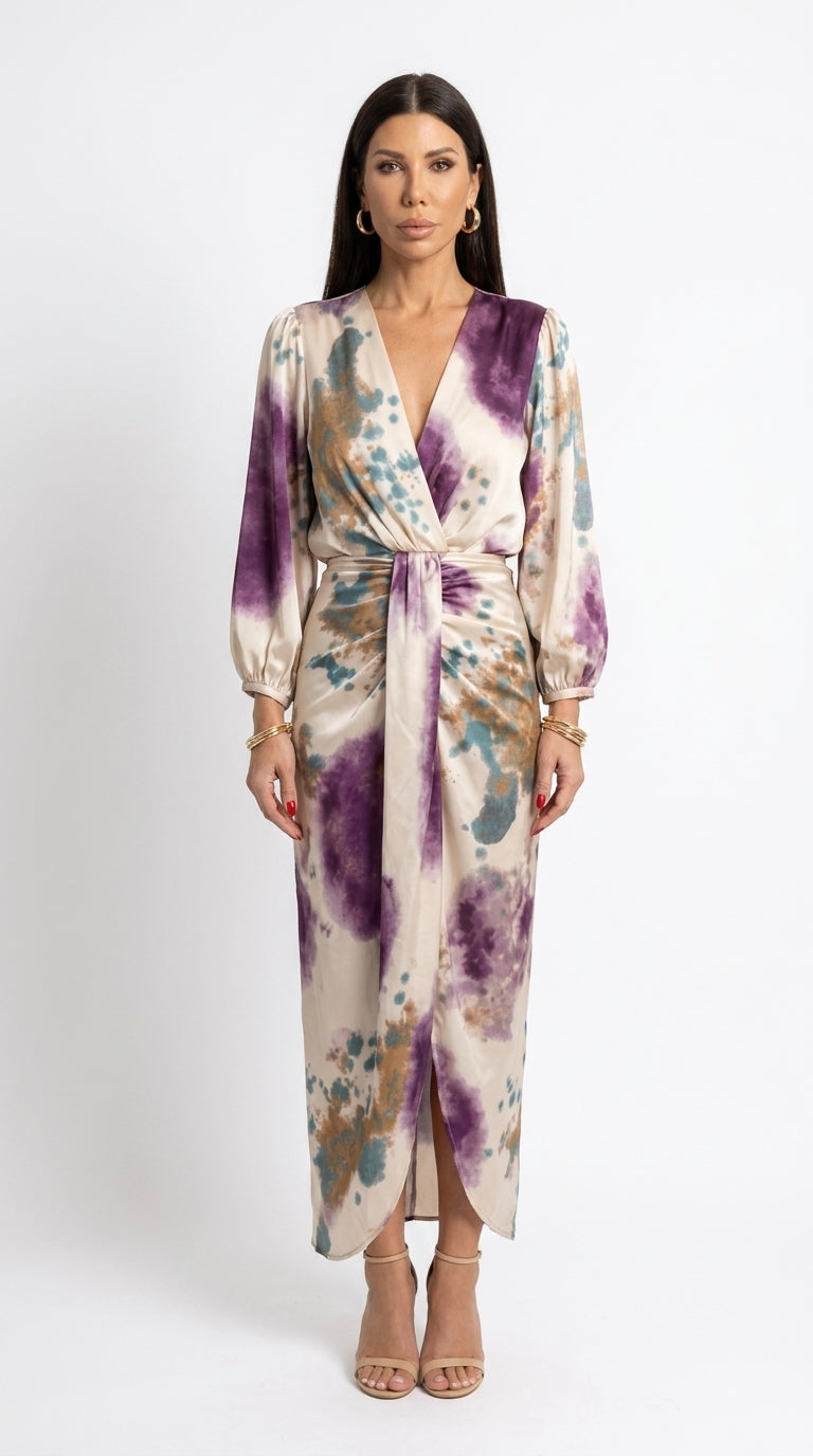Vestido Satinado Floral con Nudo en Cintura