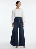 Pantalón Denim Wide Leg con Capa Asimétrica y Botones Dorados