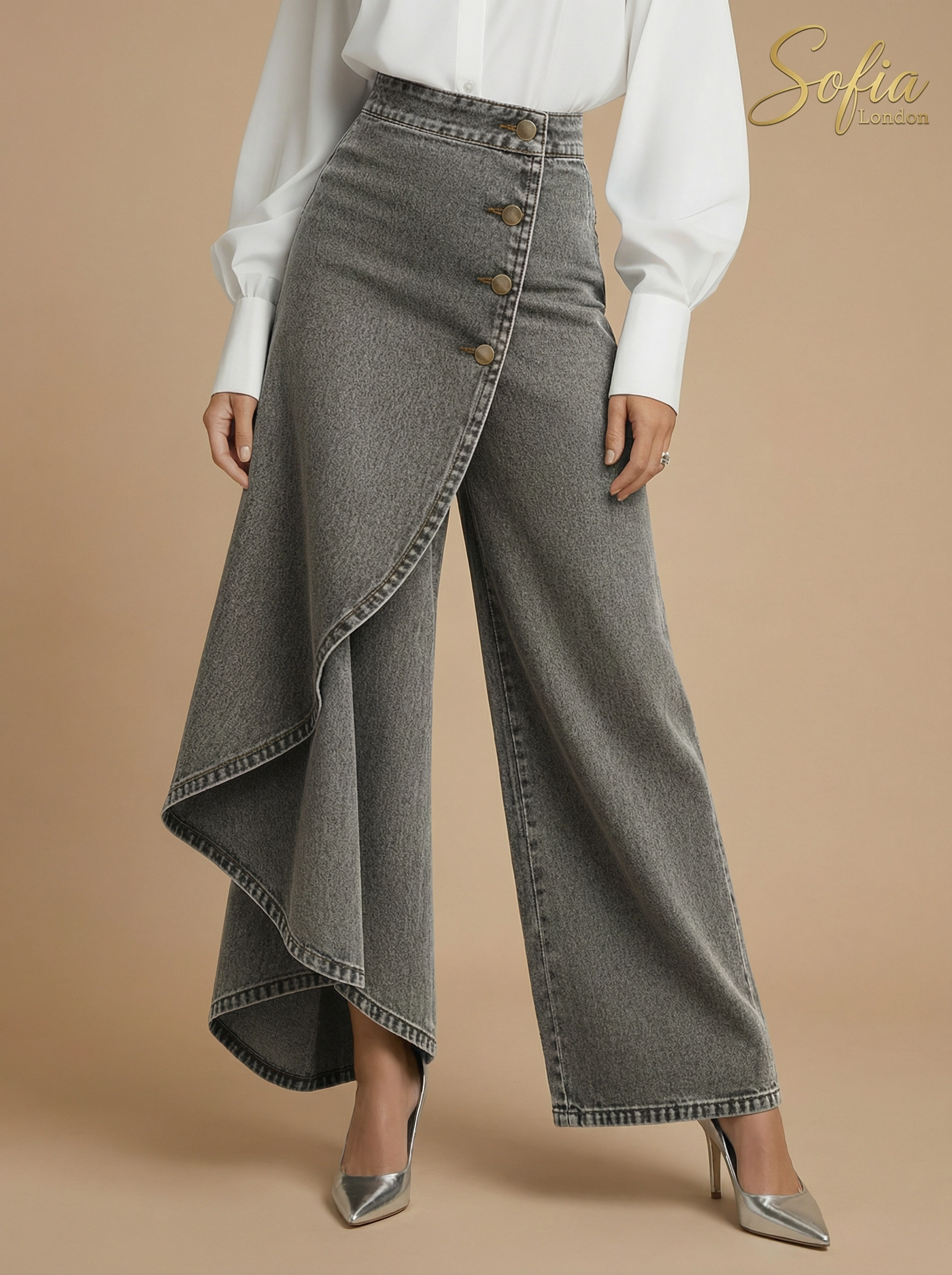 Pantalón Denim Wide Leg con Capa Asimétrica y Botones Dorados