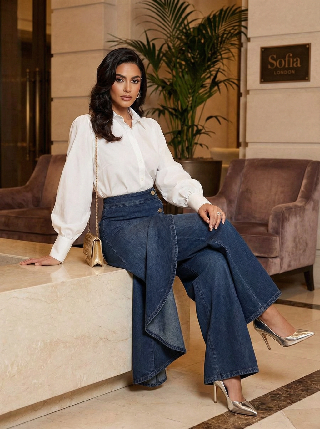 Pantalón Denim Wide Leg con Capa Asimétrica y Botones Dorados