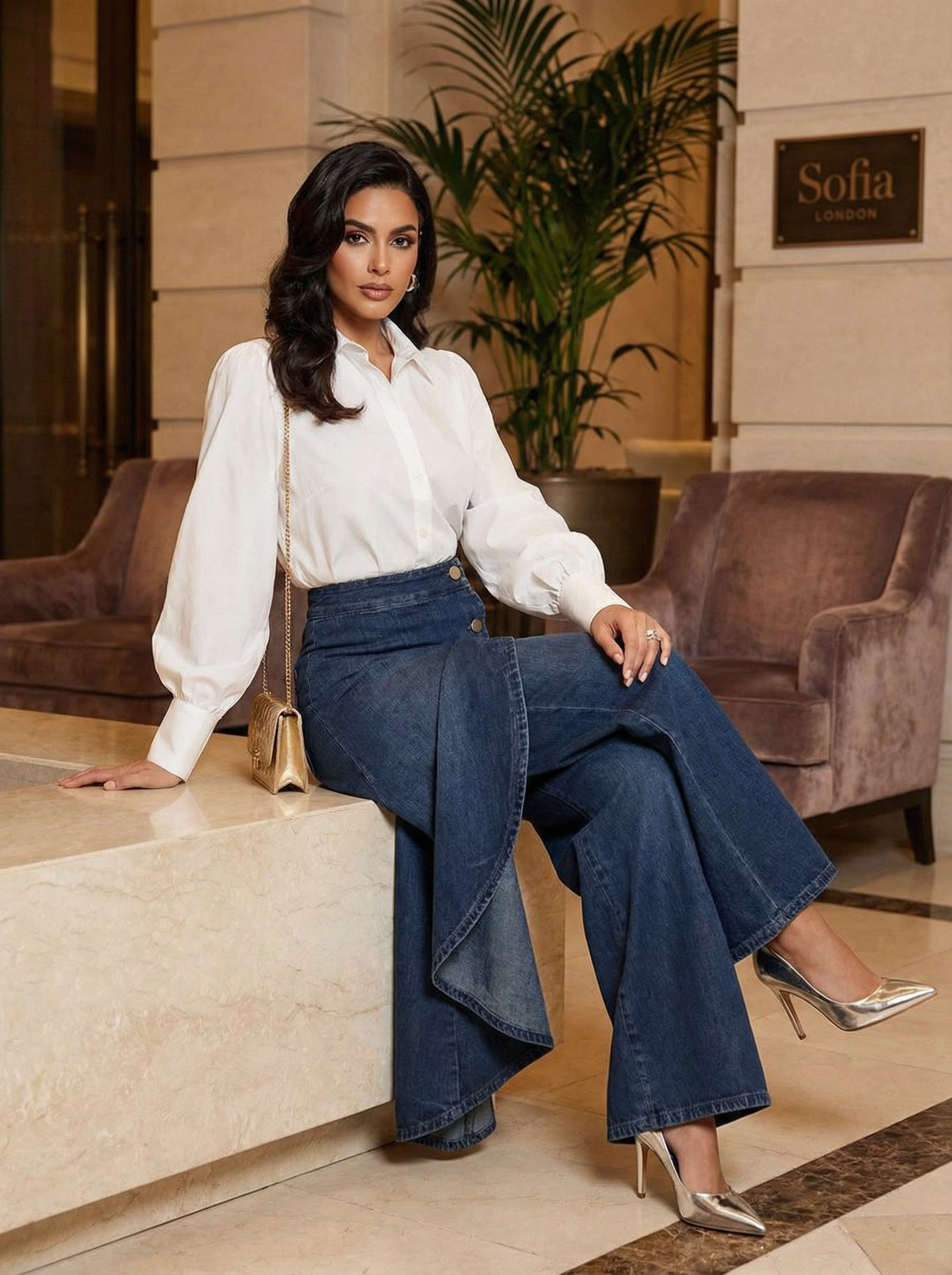 Pantalón Denim Wide Leg con Capa Asimétrica y Botones Dorados