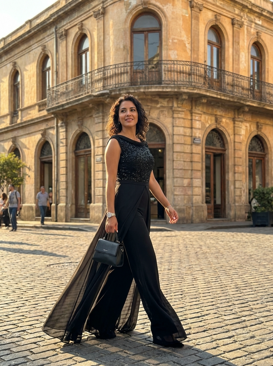 Mono Elegante con Capa de Gasa y Top de Lentejuelas Negro