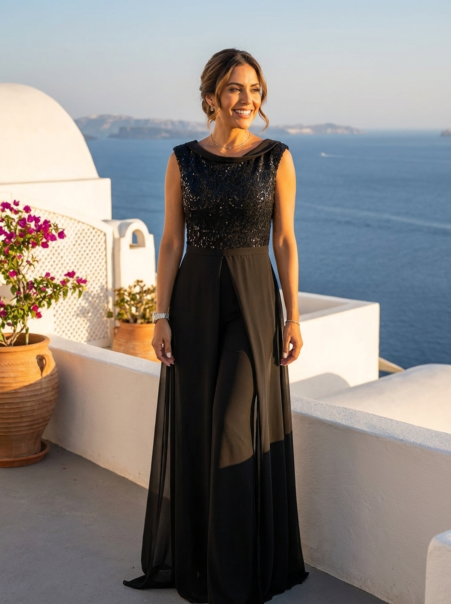 Mono Elegante con Capa de Gasa y Top de Lentejuelas Negro