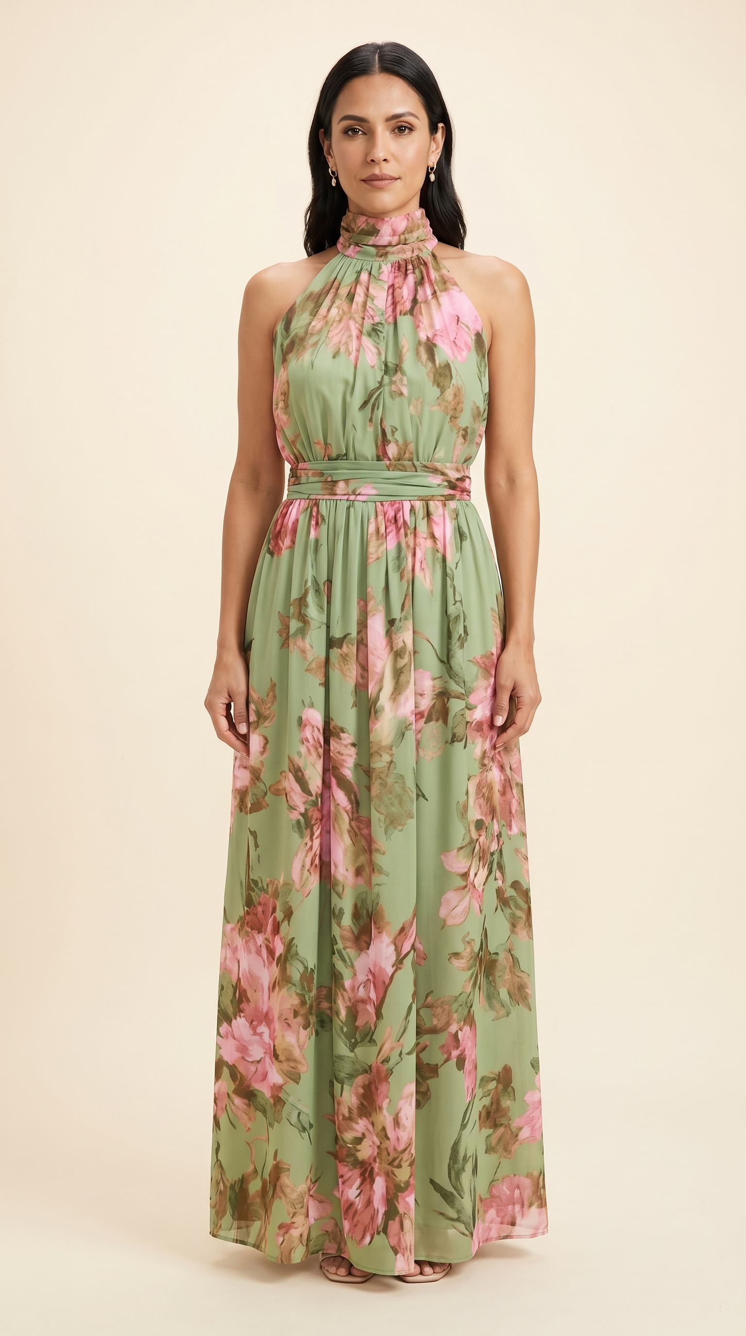 Serena ∙ Vestido largo de gasa verde con estampado floral y escote halter