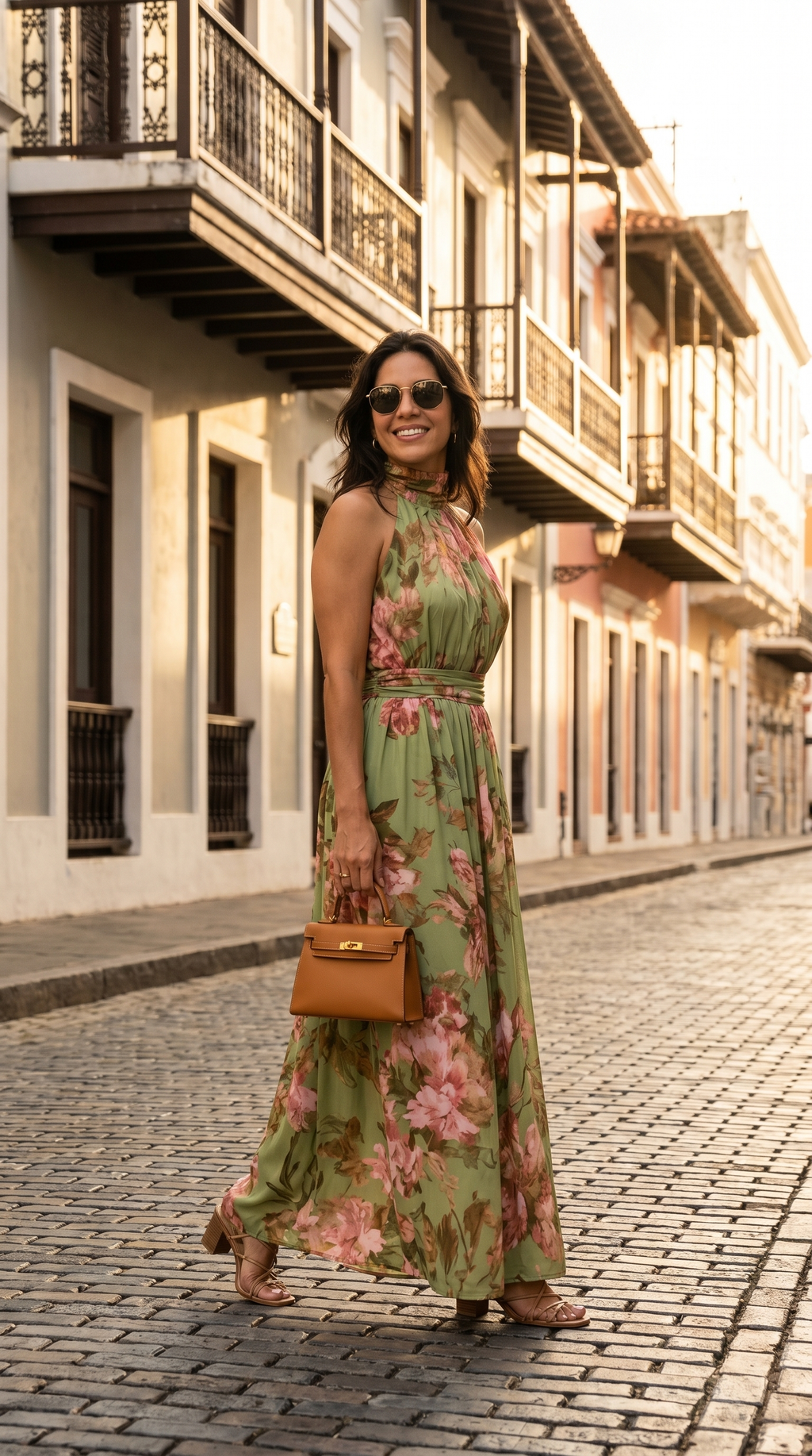 Serena ∙ Vestido largo de gasa verde con estampado floral y escote halter