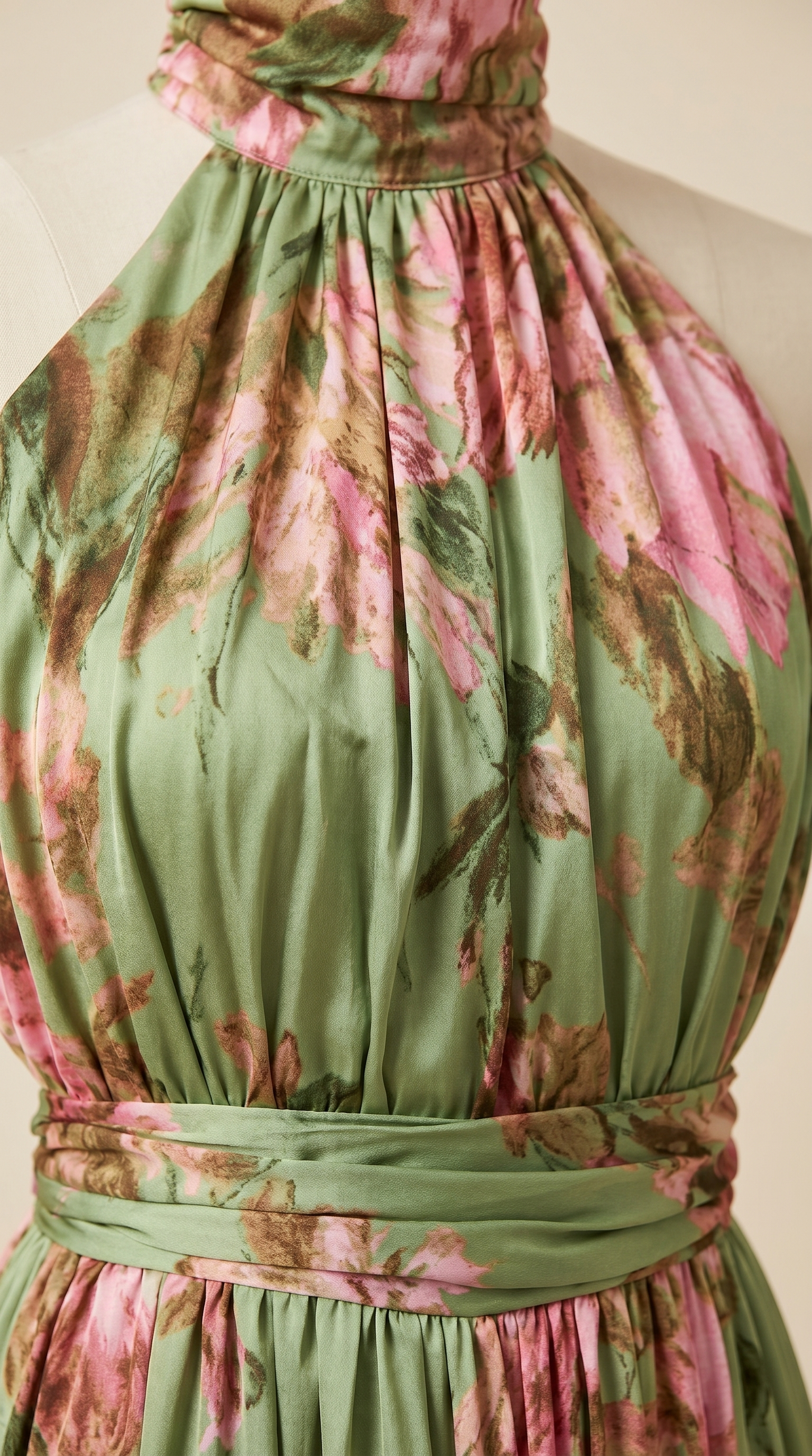 Serena ∙ Vestido largo de gasa verde con estampado floral y escote halter