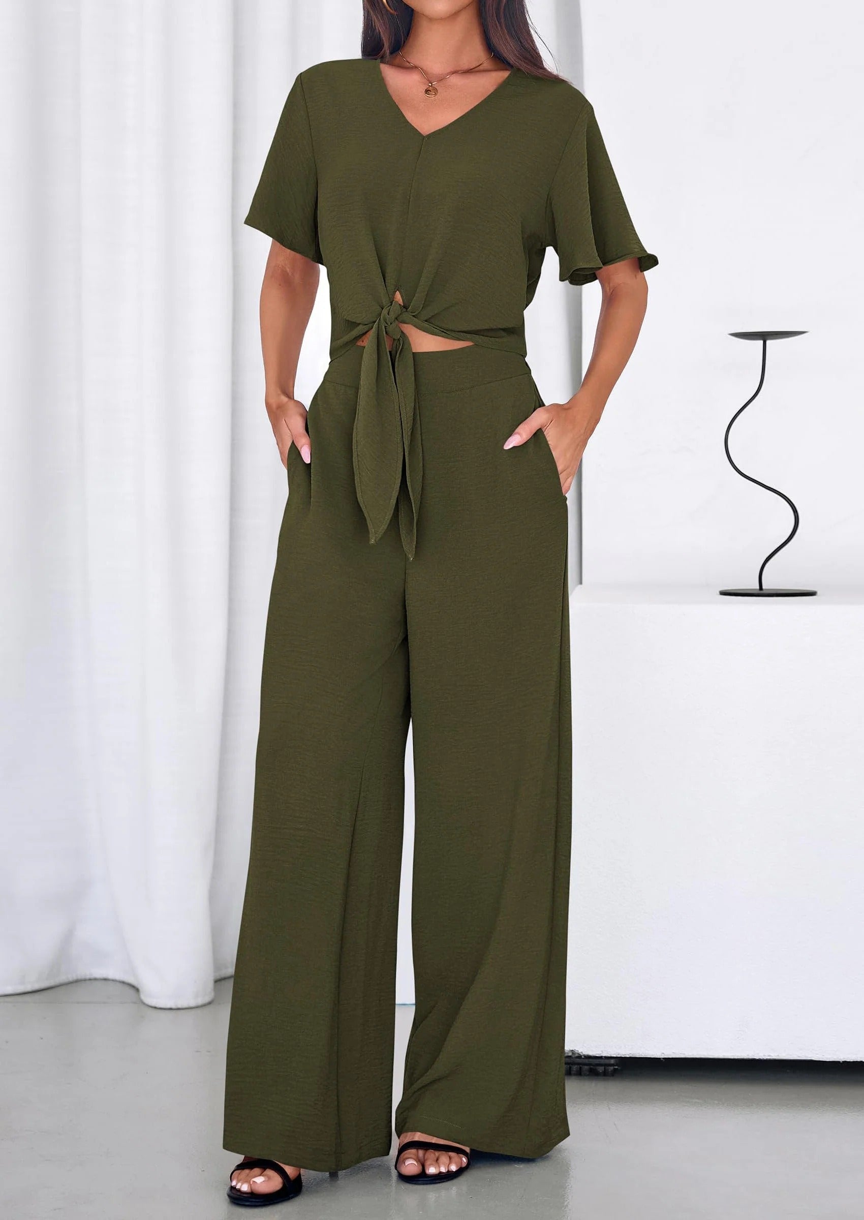 Conjunto de verano de 2 piezas para mujer SOFIALONDON: top de tirantes de manga corta y pantalón ancho, chándal, ropa de playa.