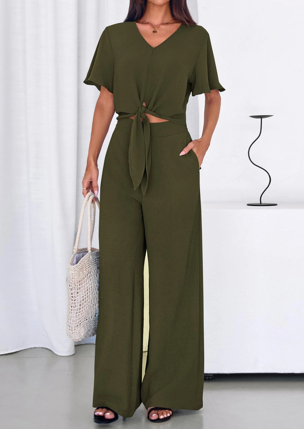 Conjunto de verano de 2 piezas para mujer SOFIALONDON: top de tirantes de manga corta y pantalón ancho, chándal, ropa de playa.