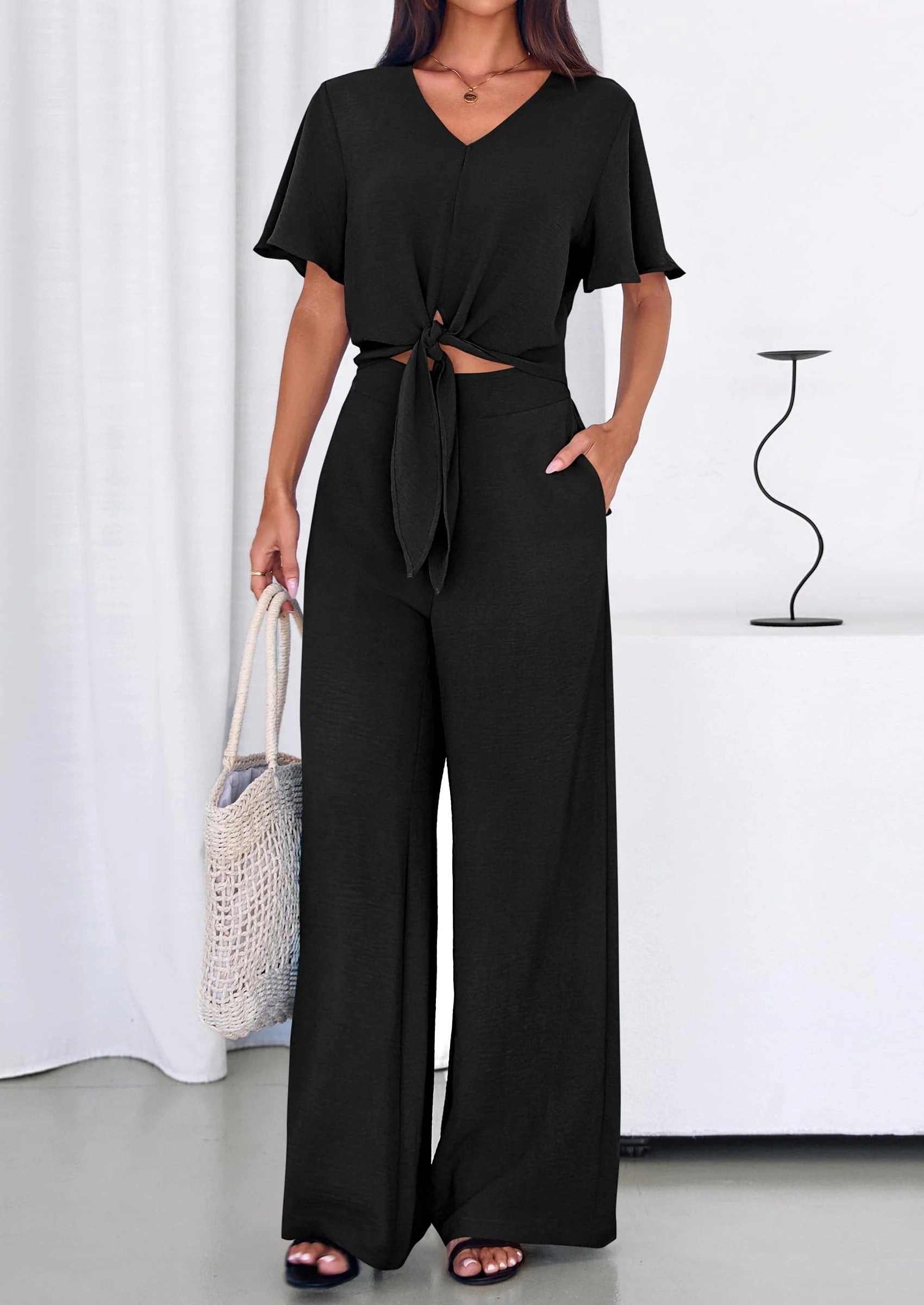 Conjunto de verano de 2 piezas para mujer SOFIALONDON: top de tirantes de manga corta y pantalón ancho, chándal, ropa de playa.