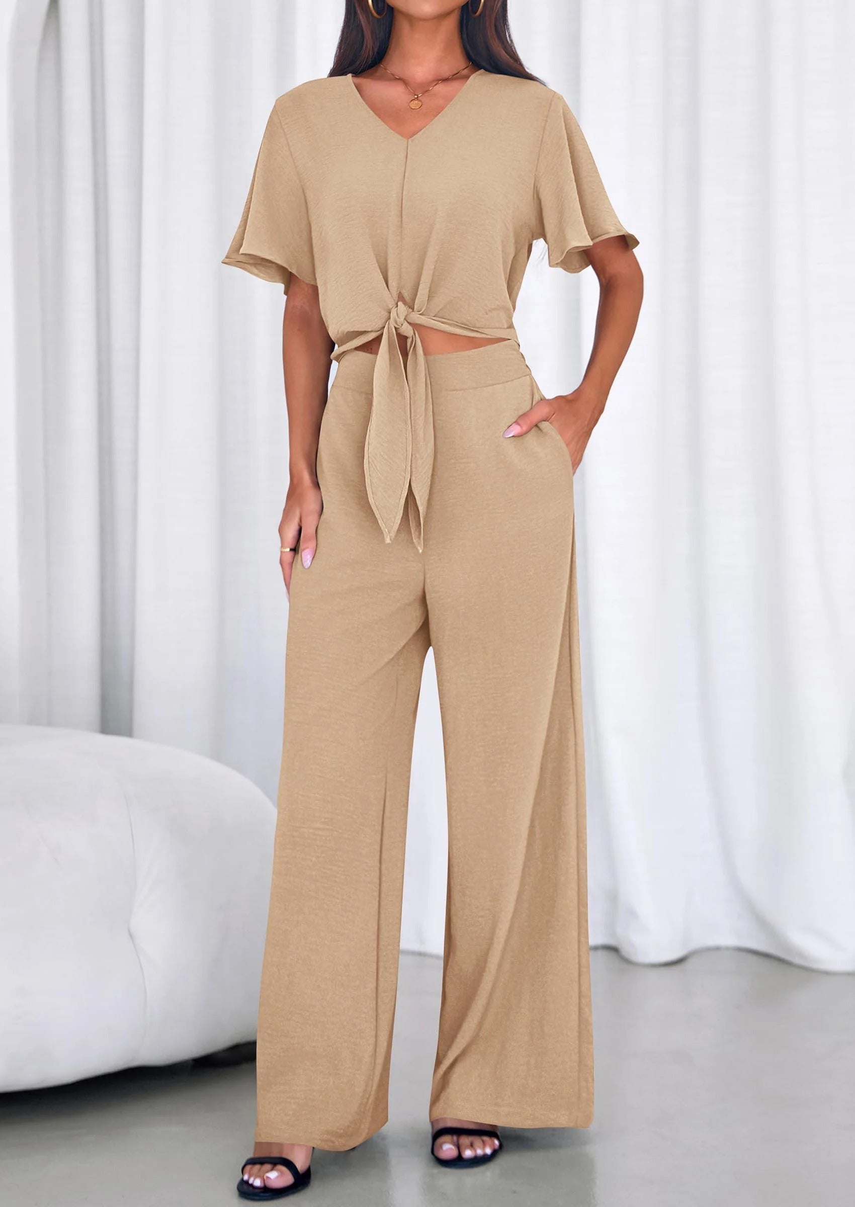 Conjunto de verano de 2 piezas para mujer SOFIALONDON: top de tirantes de manga corta y pantalón ancho, chándal, ropa de playa.