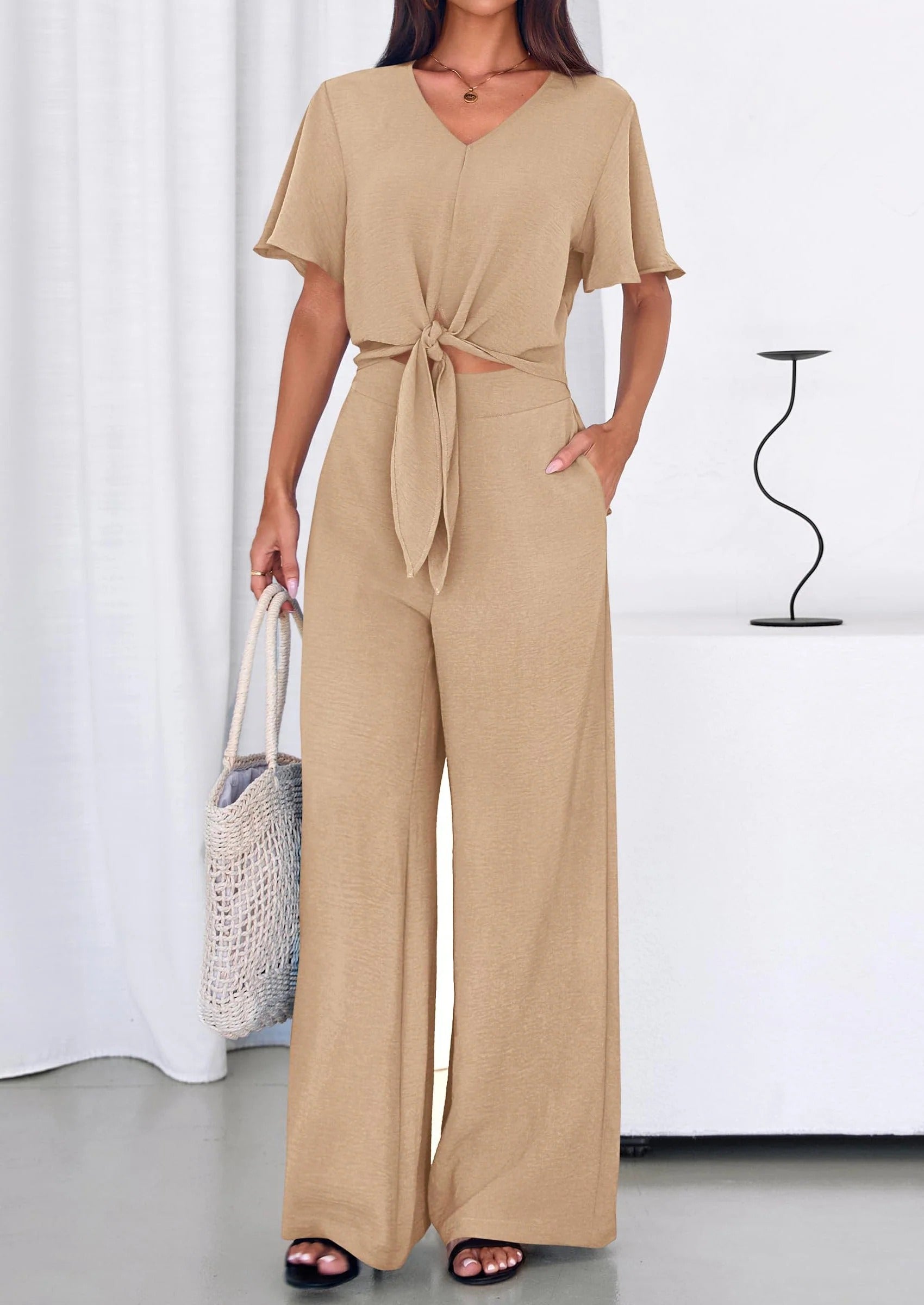 Conjunto de verano de 2 piezas para mujer SOFIALONDON: top de tirantes de manga corta y pantalón ancho, chándal, ropa de playa.