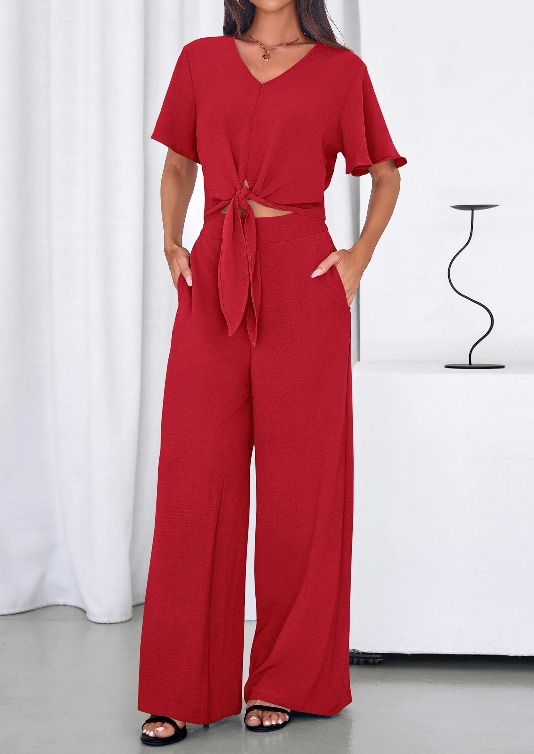 Conjunto de verano de 2 piezas para mujer SOFIALONDON: top de tirantes de manga corta y pantalón ancho, chándal, ropa de playa.